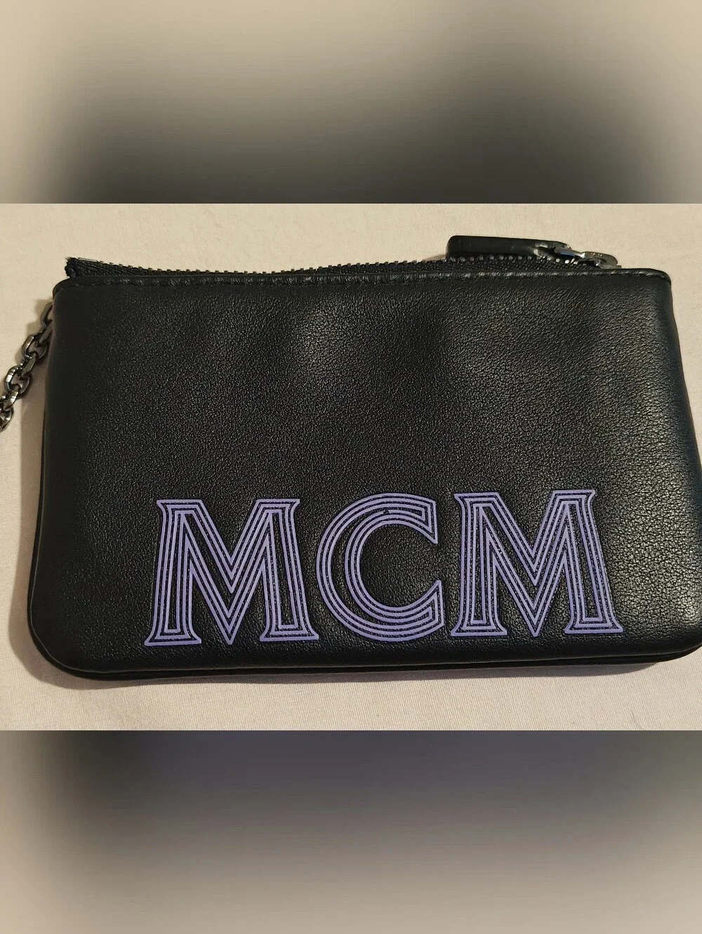 MCM Black Leather Zip Pouch with Purple Logo